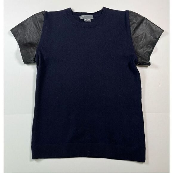 Vince 100%Wool Blue Crewneck Sweater Black Leather Short Sleeve Size Extra Small - Picture 1 of 8